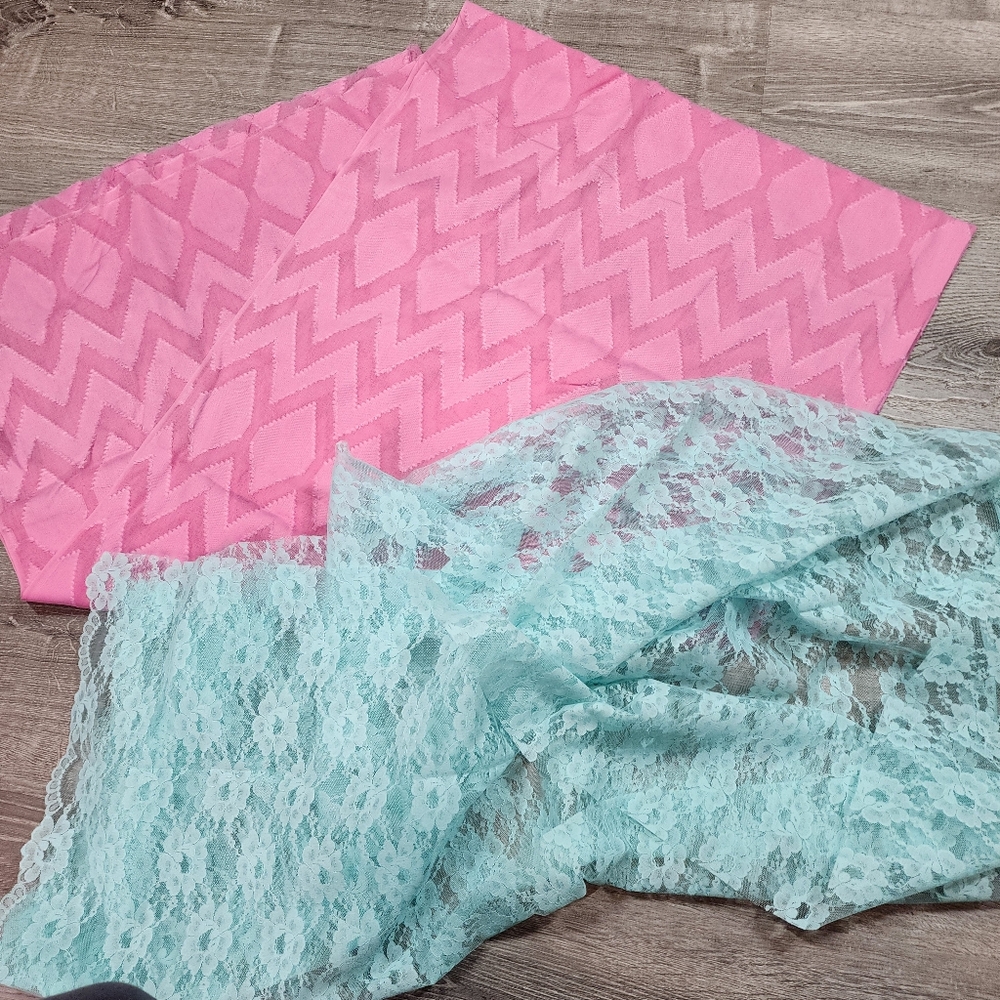VINTAGE 60s 70s Pink Chevron Fabric Blue Floral Lace Semi Sheer Sewing Material